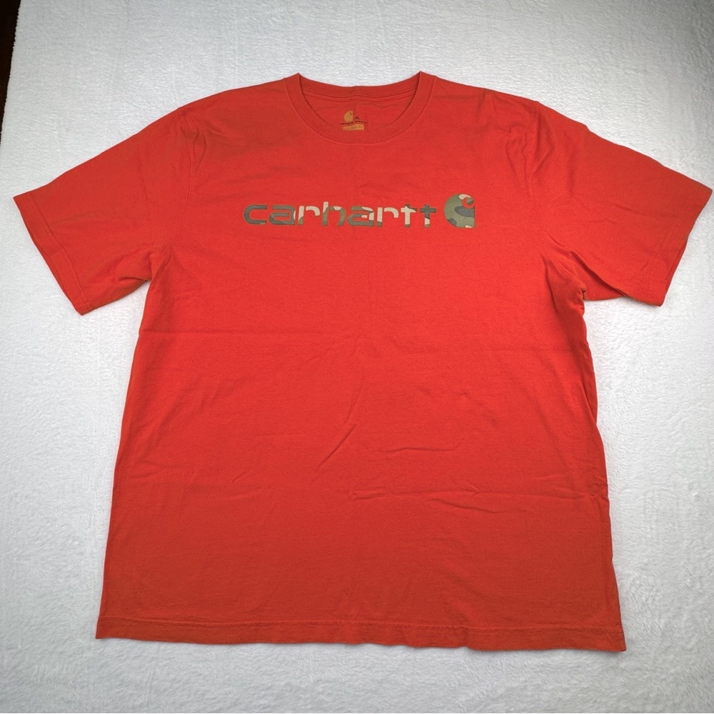 Carhartt T-Shirt. Orange with Camo logo. Men’s Size XL. Heavyweight cotton.